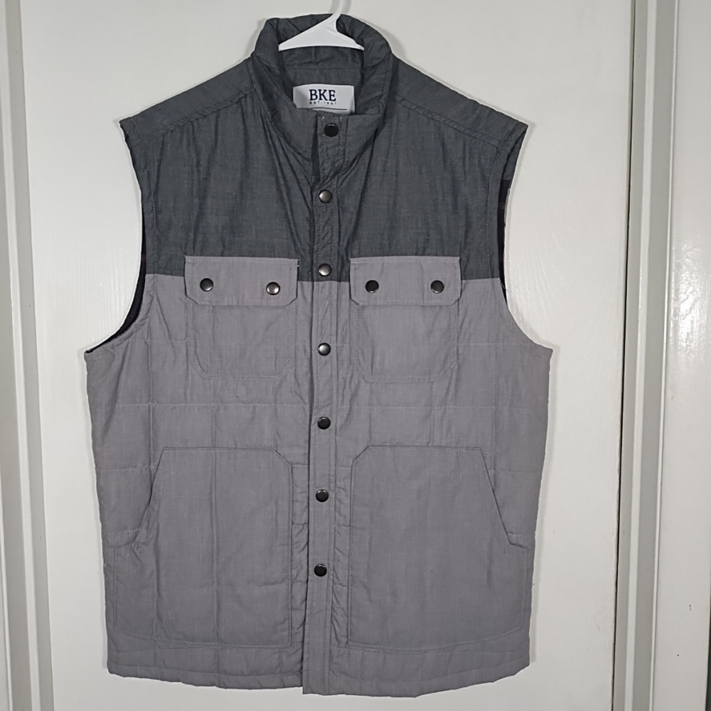 BKE Mens M Quilted Vest Waxed Canvas Gray Full Zip Snap Flannel Lined Insulated